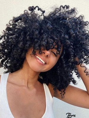 Curly Perücken mit Bangs für schwarze Frauen Kinky Curly synthetisches Haar Hitzebeständig 12 Zoll