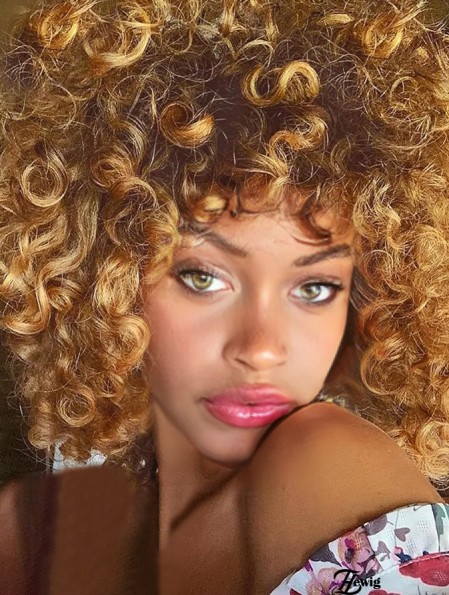 Curly Perücken mit Bangs für schwarze Frauen Kinky Curly synthetisches Haar Hitzebeständig 12 Zoll