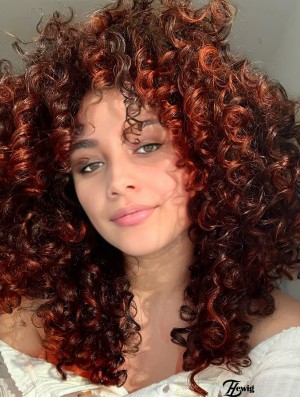 Curly Afro Perücke mit Bangs Orange Mischbraun Synthethaar