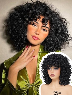 Kurze lockige Perücke Full Culry Perücken für schwarze Frauen Afro lockige Perücke mit Bangs synthetisches Haar