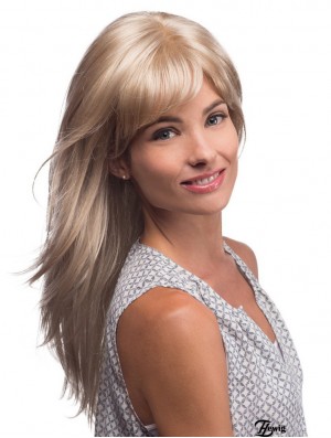 Lange blonde Perücke mit Pony Monofilament Synthetic Straight Style