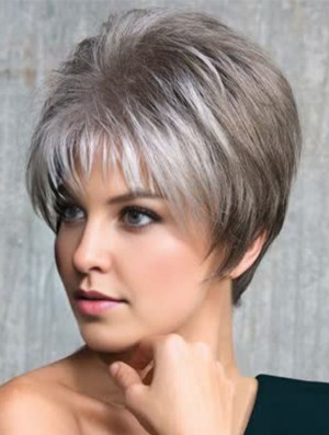 Capless Straight Cropped 6 Zoll billige graue Perücken