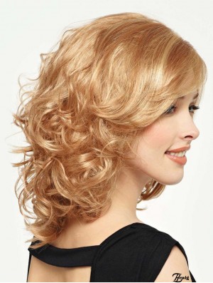 Lockige Perücke Mit Pony Schulterlange Blonde Farbe Mit Capless