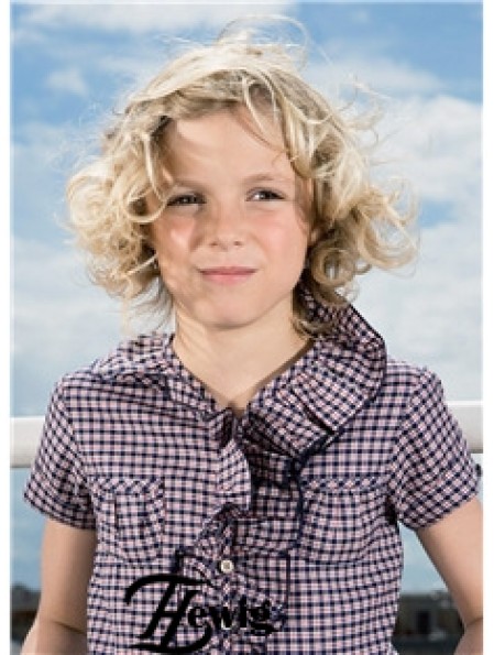 Curly Chin Length Blonde Synthetic 100% handgebundene Kinderperücken