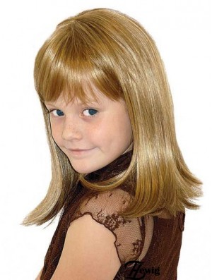 Gerade schulterlange blonde blonde synthetische 100% handgebundene Kinderperücken